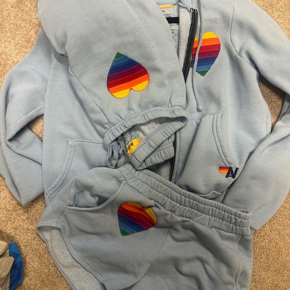 Aviator Nation Light Blue Track Pants with Rainbow Heart